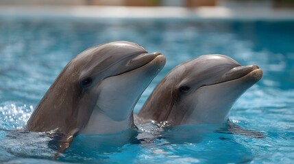 Two friendly dolphins swimming side by side in clear blue water their heads emerging and looking forward with curious serene expressions