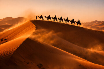 Camel caravan crossing desert sand dunes at sunset