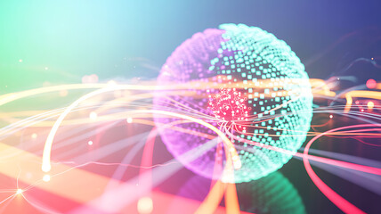 Abstract spherical digital construct made of glowing dots and light streaks, symbolizing global connectivity, data transfer, and information networks in a vibrant, colorful universe
