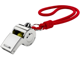 Shiny metal whistle with red lanyard isolated on transparent background