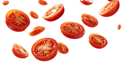 Sliced tomatoes falling in air isolated on transparent background
