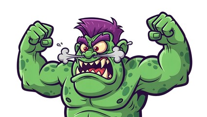Angry green monster flexing muscles isolated on transparent background