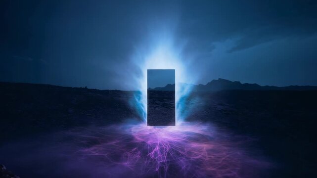 Halo rising monolith emitting blue aura activating purple mist sending filaments across rocky plain