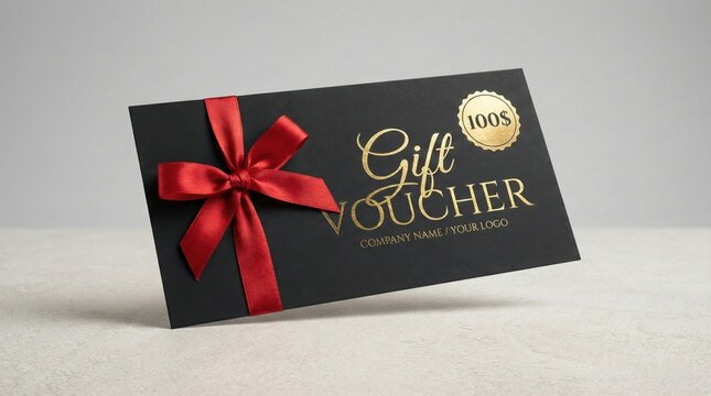 Elegant black and gold gift voucher with red ribbon,perfect for luxury presents,holiday gifting,rewards,promotions and brand celebration occasions