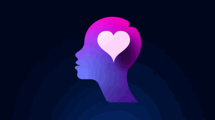 Digital illustration of human head silhouette with glowing heart, symbolizing love, empathy, mental health, and emotional well-being.
