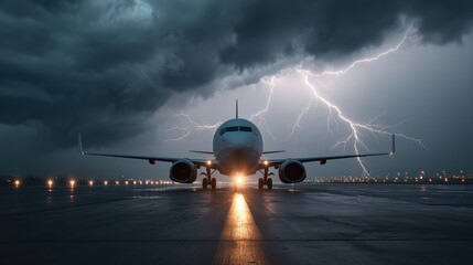 Vacation travel trip journey in holiday season. An airplane on the tarmac illuminated by the setting sun.
