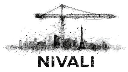 Distressed black and white urban skyline illustration featuring a large construction crane and a tall elegant tower.