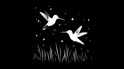 Two elegant white hummingbirds in graceful flight under a starry night sky, with stylized grass on a dark background. Minimalist nature illustration.