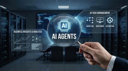AI agent analysis in server room,business insights,workflow automation,task monitoring,data visualization and artificial intelligence management system