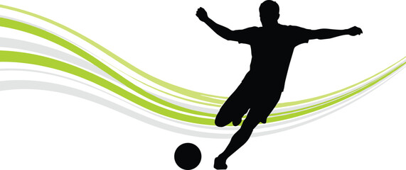 Soccer player silhouette kicking ball, dynamic sports illustration, football action pose, athletic movement design, modern wave background, energetic motion graphic