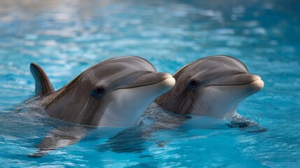 Naklejka premium Two graceful dolphins swimming together in clear blue water conveying friendship and joy