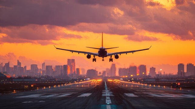Vacation travel trip journey in holiday season. An airplane taking off from an airport runway at sunset, with a cityscape illuminated by the setting sun in the background.