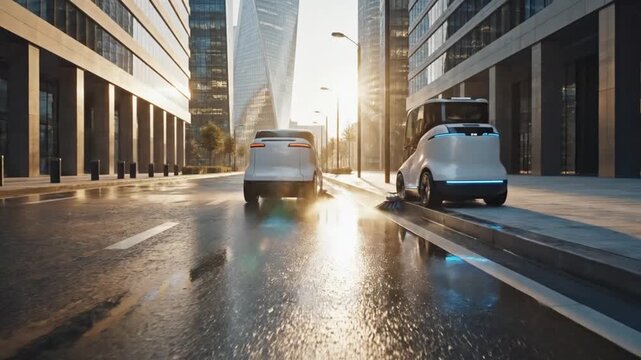 Autonomous Self-Driving Delivery Cars Driving on Wet City Street at Sunrise, Future Tech