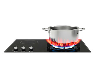 Stainless steel pot on gas hob isolated on transparent background