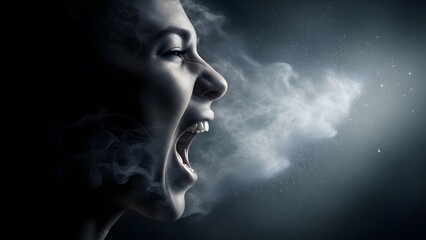 Obraz premium Anger expression and verbal abuse concept. Releasing stress and shouting loud. Profile of a woman screaming with smoke breath coming out of mouth.