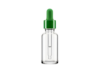 Glass dropper bottle with green top isolated on transparent background
