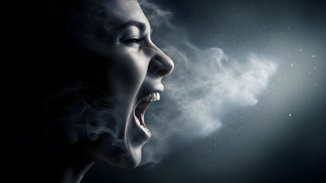 Anger expression and verbal abuse concept. Releasing stress and shouting loud. Profile of a woman screaming with smoke breath coming out of mouth.