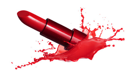 Red lipstick with glossy texture and metallic tube surrounded by splash of liquid color