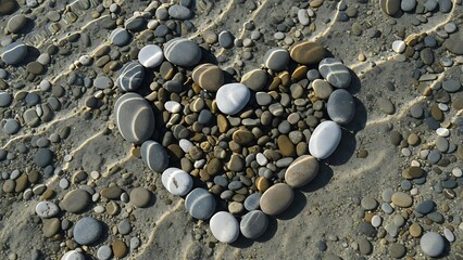 Small smooth pebbles arranged in heart shape on beach