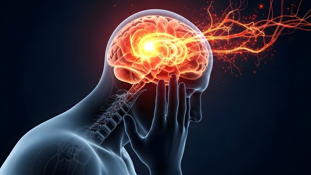 Human brain anatomy and neurological activity. Migraine headache and stroke symptoms. X-ray illustration of head with glowing neurons and pain signals.