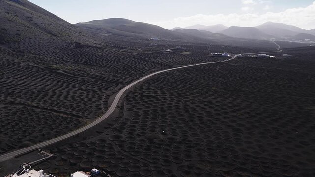 Aerial pass over La Geria volcanic vineyards in Lanzarote, circular vine pits in picon ash, winding road, white farmhouses, cratered hills, soft backlight and long shadows