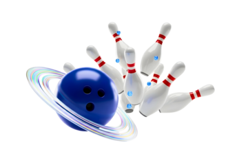 Bowling ball hitting pins isolated on transparent background