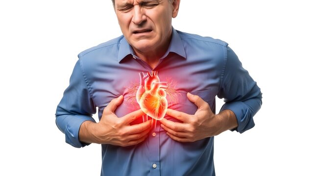 Cardiac distress and coronary artery disease symptoms. Heart health diagnostic care. Mature man in shirt clutching chest with heart ache visualization