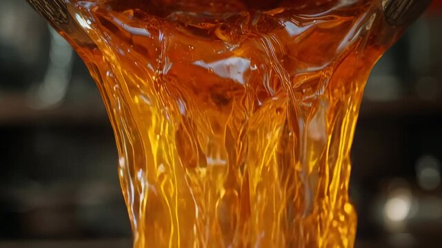 Pouring glossy amber liquid stream from metal rim, forming marbled white streaks in kitchen