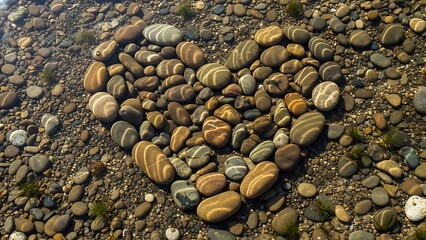 Small smooth pebbles arranged in heart shape on beach