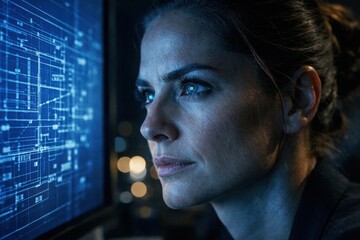 Close-up of a high-tech professional woman monitoring data screens with blue light reflections