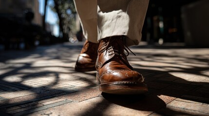 Close up of a gentleman wearing polished brown leather brogue boots while walking purposefully along a sunlit city pavement showcasing classic footwear style and texture.