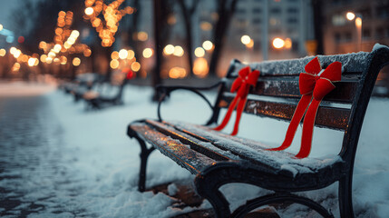 Wintry urban park scene with benches covered in snow and decorated with red bows under warm city lights at night