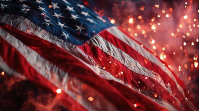 Holiday celebration event. An American flag illuminated by fireworks against a dark background, creating a festive atmosphere for the 4th of July. - Powered by Adobe
