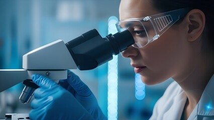 Female Scientist Looking into Microscope with Safety Glasses in Blue Laboratory Research
