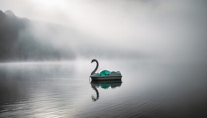 Swan Pedal Boat Moving Across Reflective Lake Under Overcast Sky