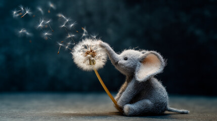 Miniature felt elephant touching a dandelion with its trunk, concept of delicacy, dreams and imagination