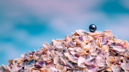 Mountain of crushed seashells in pastel colors with a black pearl on top, concept of exclusivity and treasure