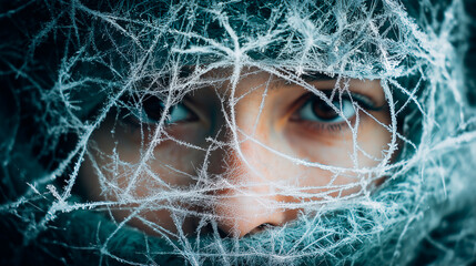 Close-up of a woman's face covered by a veil of ice crystals and frost, a concept of fragility and cold beauty