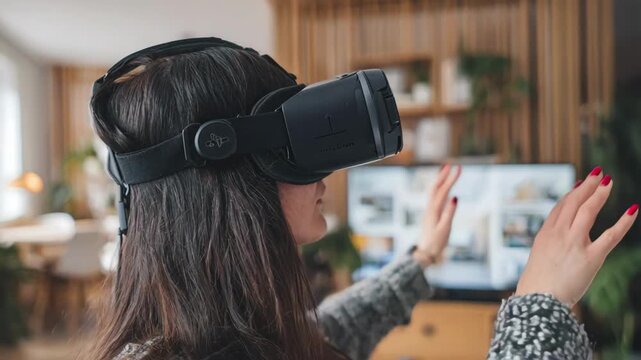 Medium shot of a person wearing VR headset exploring a virtual home tour showcasing interactive real estate features and immersive property details.