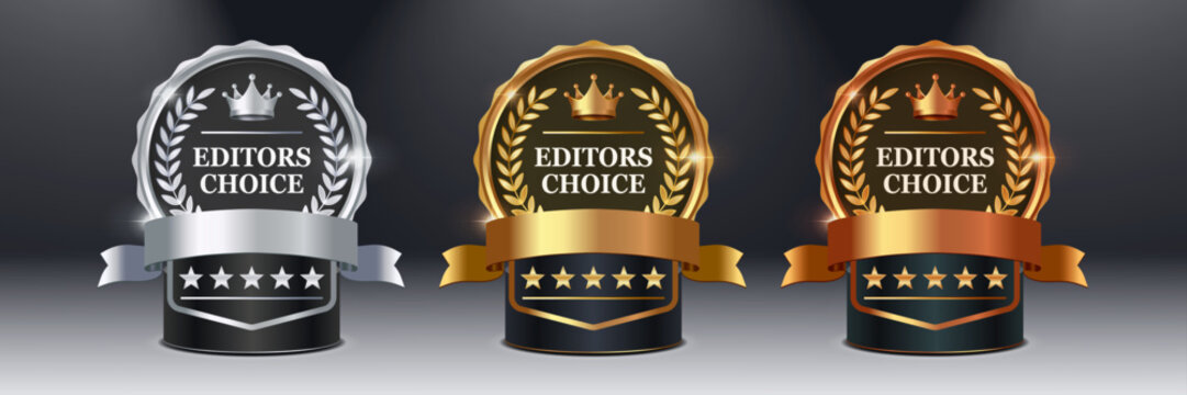 Editors Choice Award Badge Set with Gold Silver and Bronze Crowns, Laurel Wreath Emblems, Five Star Premium Quality Labels, Luxury Achievement Vector Illustration