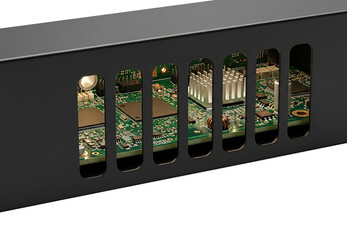 Black metal electronic device chassis with vents revealing circuit board on a transparent background