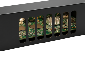 Black metal electronic device chassis with vents revealing circuit board on a transparent background