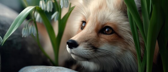 Obraz premium Fox peeks out from bluebells in grass during springtime at a natural setting