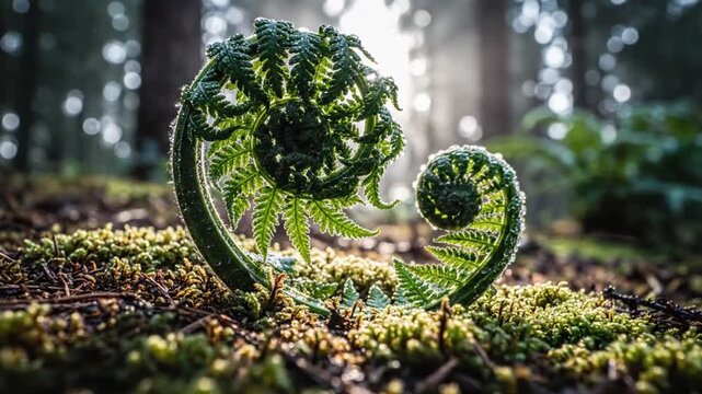 Close-up of a vibrant green fern fiddlehead unfurling in a sun-dappled forest, symbolizing new life and growth in nature.