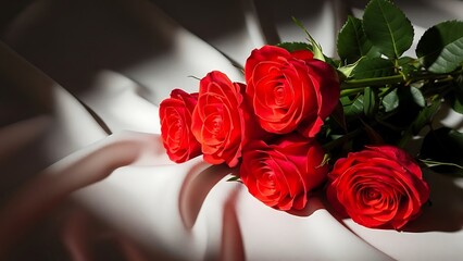 Romantic bouquet of red roses on white satin with soft shadows elegant flowers for valentine's day or anniversary gift beautiful roses in bloom