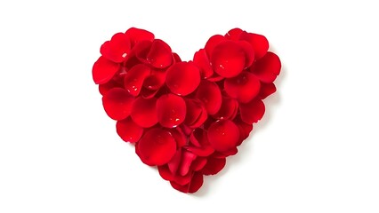 Romantic red rose petals heart shape on white background for valentine's day or love concept
