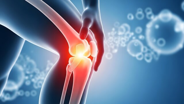 Knee joint anatomy and patellar tendonitis symptoms. Orthopedic care and joint wellness. 3D medical model of a leg with a glowing pain point and abstract bokeh