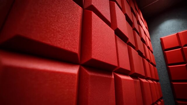 Medium shot of red acoustic foam panels on studio walls capturing texture and effectiveness in sound absorption for noise reduction.