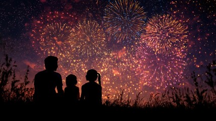 Holiday celebration event. A family of three silhouetted against a vibrant night sky illuminated by fireworks, surrounded by lush plants.