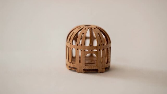 Shifting camera framing centering laser-cut wooden dome on tabletop, revealing white sphere